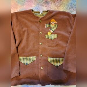 Vintage  Fleece Jacket Plaid Trim Scarecrow Patch Button Front Fall Cottagecore